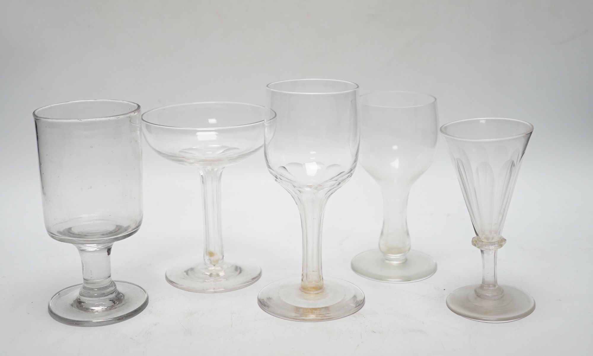 A group of 19th century and later glasses and a George III glass butter tub and cover
